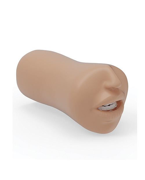 Side view of the Doc Johnson College Crush handheld mouth stroker in skin-tone Ultraskyn.