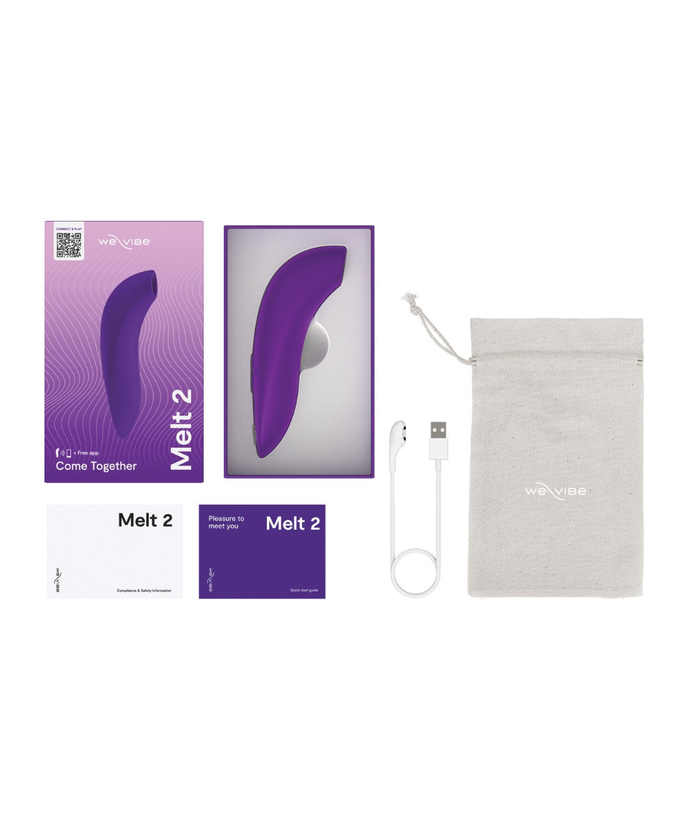 Melt 2 kit: sage stimulator, USB charging cable, We-Vibe pouch, and manuals.