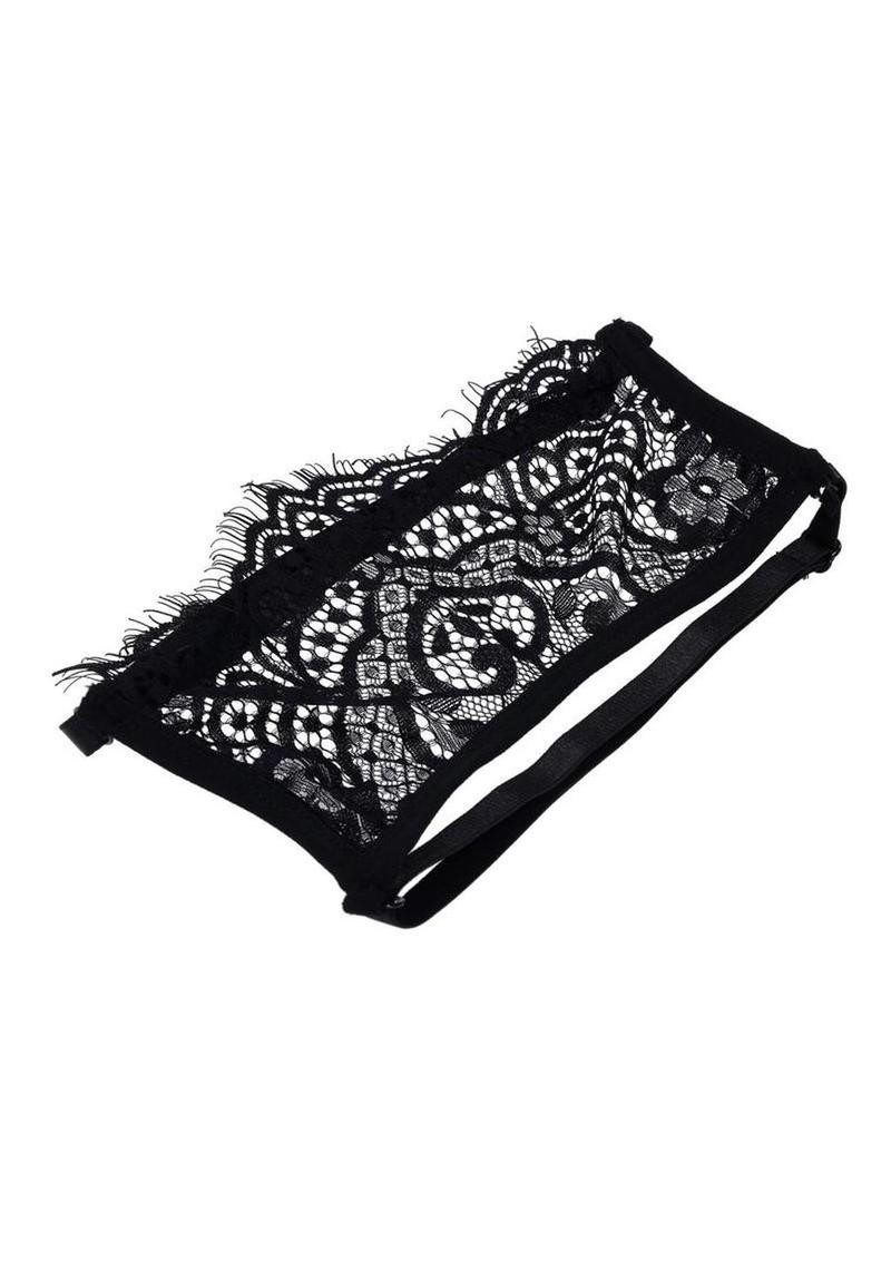 Black see-through lace Veiled Vision blindfold by Sex & Mischief.