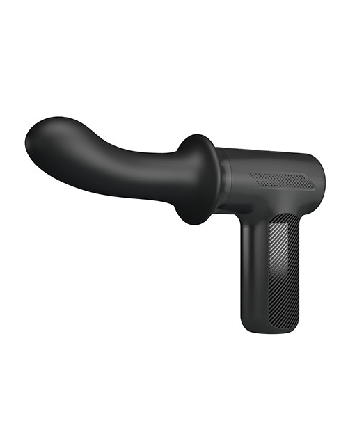 Pretty Love DJ Doctor black thrusting massage gun with silicone insertable head and pistol-grip handle.