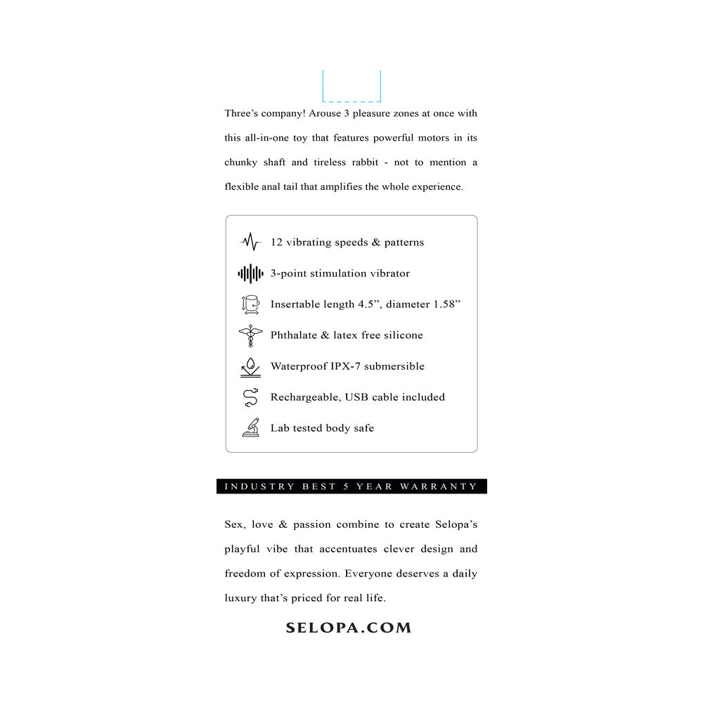 Selopa Triple Tickle Triple Stimulating Vibrator retail box back with feature list.