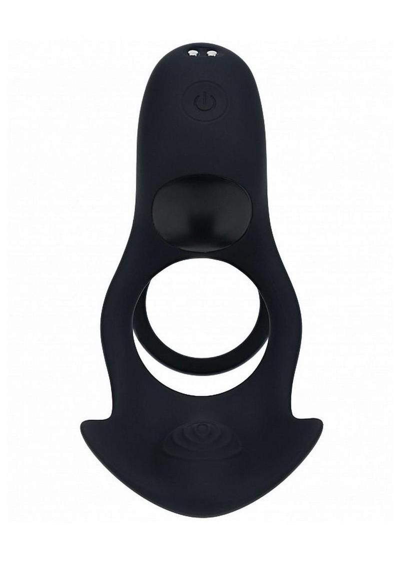 Dual stretchy silicone loops of the Levelz triple-motor cock ring for shaft and balls.