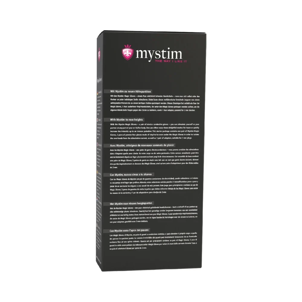 Mystim E-Stim Magic Gloves back of retail box.