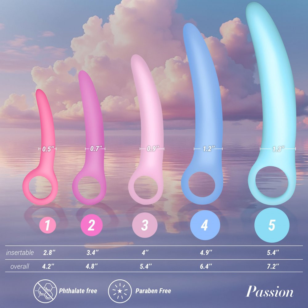 Five Passion kegel exercisers lined up from the smallest Step 1 to the largest Step 5.