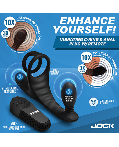 JOCK Triple Rush black silicone cock ring, ball ring, and anal plug with remote.