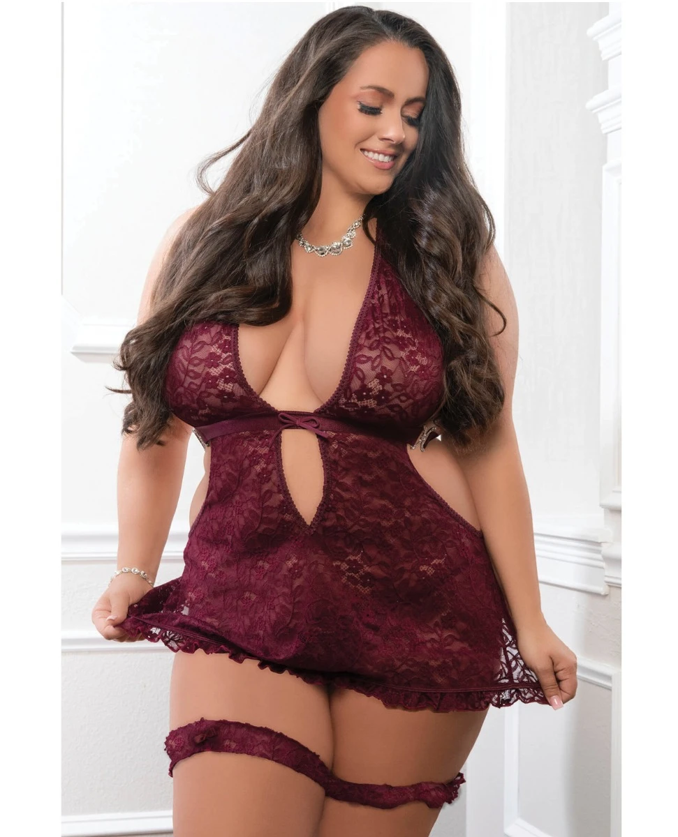 G World 3pc Halter Laced Mini Dress /w Thong & Garters - Queen Size