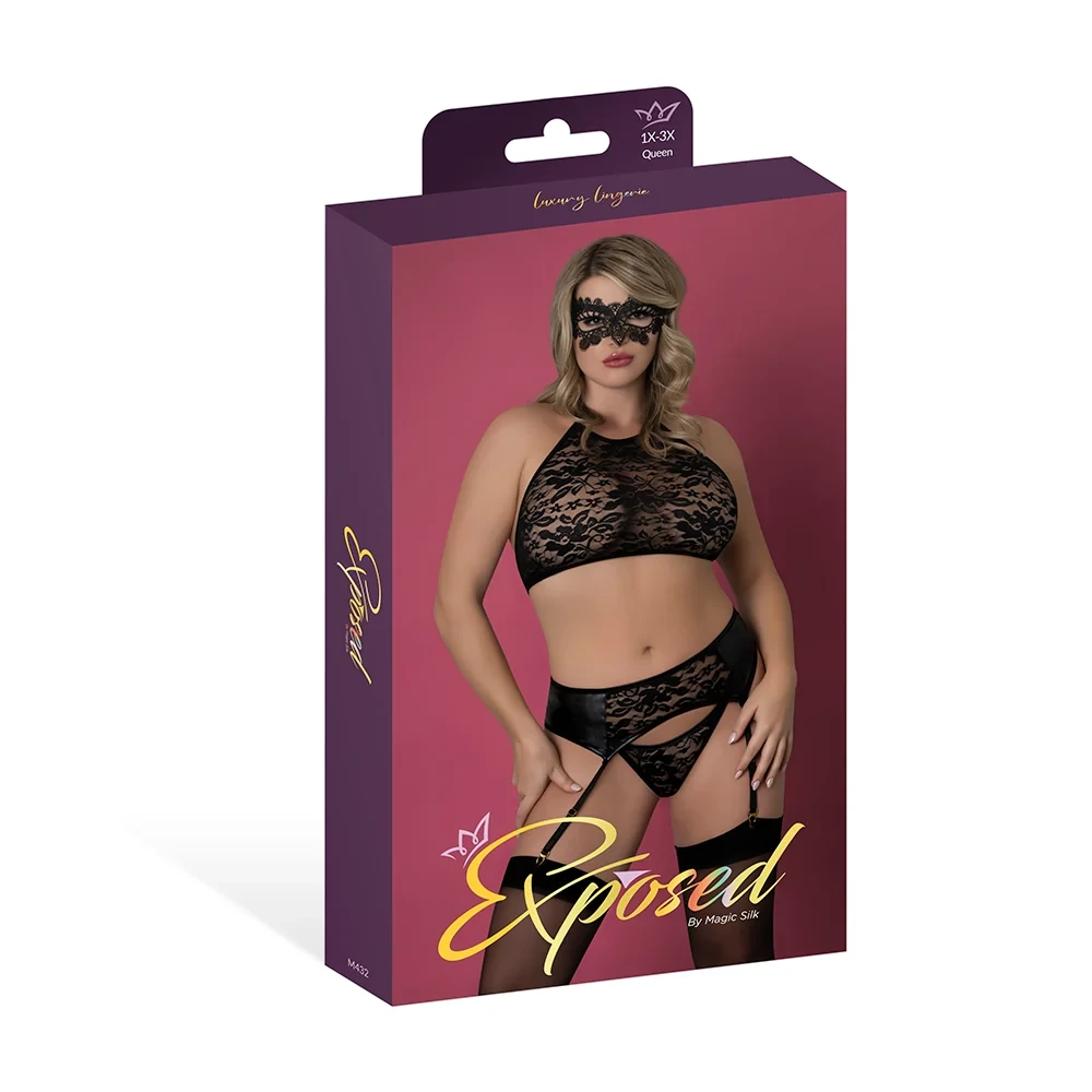 Exposed Sinful Collection: Halter Bra, Garter, Panty & Mask Set queen size retail box.