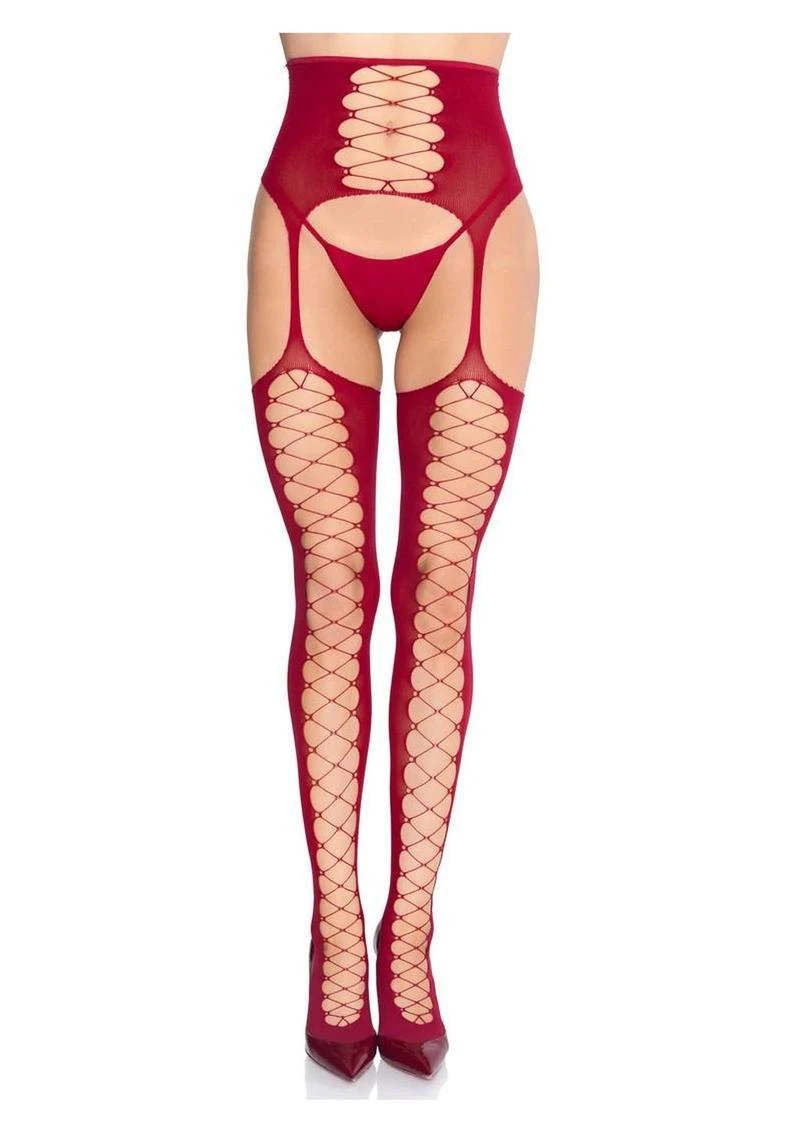 Leg Avenue Faux Lace-Up Stockings with Attached Waist Cincher Garter Belt