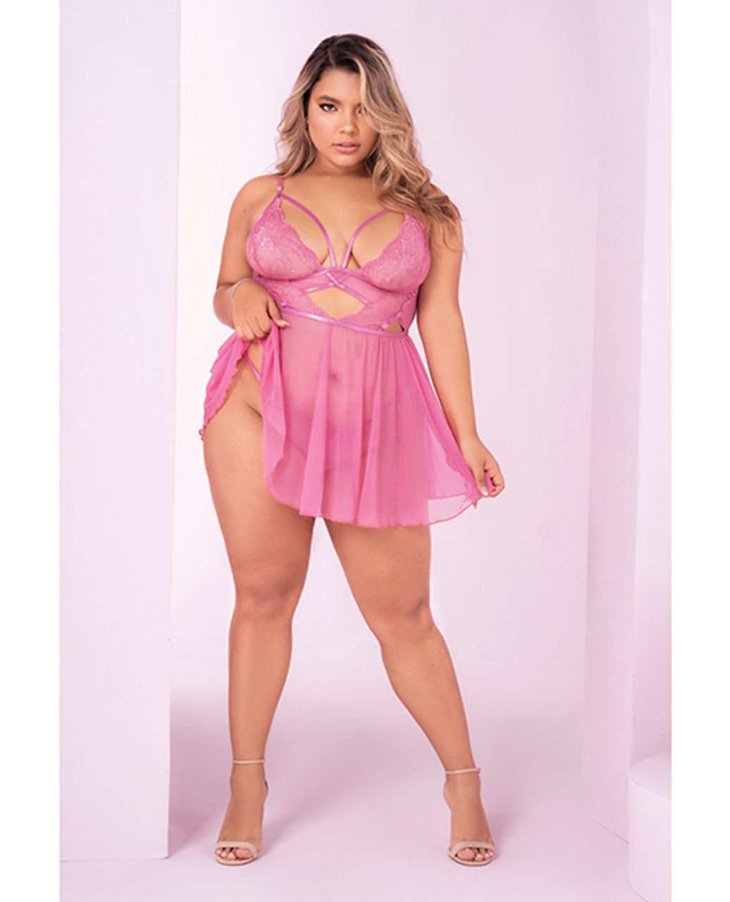 Mapale Floral Lace Peek-A-Boo Babydoll & G-String