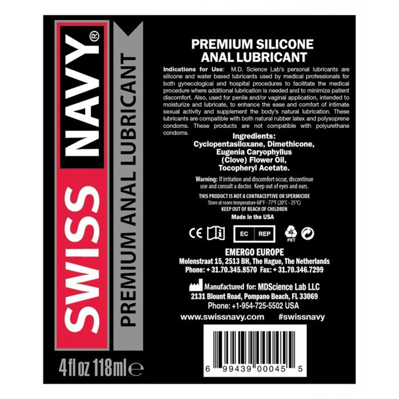 Swiss Navy Premium Silicone Anal Lubricant - 4 oz