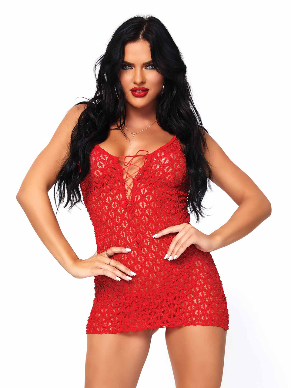 Leg Avenue 2pc Mini Dress with Lace Up Front & G-String - Red Leg Avenue 2pc Mini Dress with Lace Up Front & G-String - Red