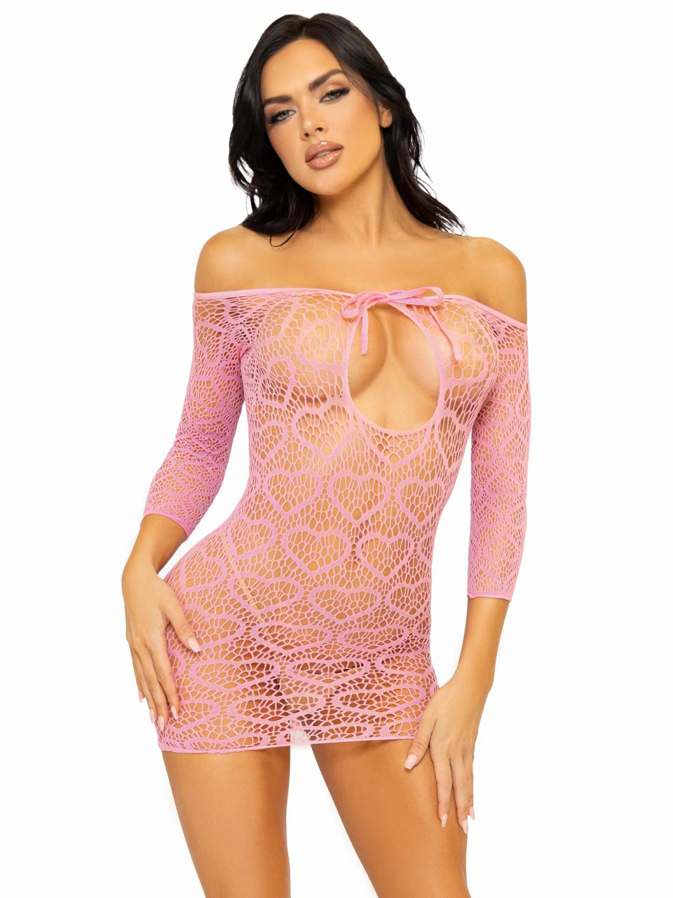 Leg Avenue Seamless Heart Net Mini Dress with Keyhole Tie Front - Pink Leg Avenue Seamless Heart Net Mini Dress with Keyhole Tie Front - Pink