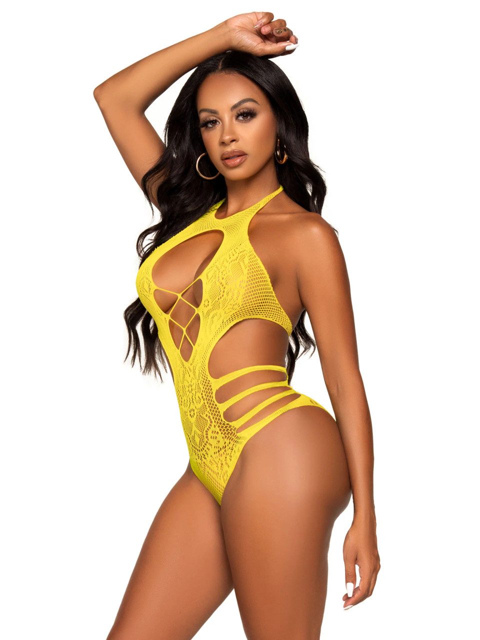 Leg Avenue Lace Cut Out Strappy Bodysuit - Yellow Leg Avenue Lace Cut Out Strappy Bodysuit - Yellow