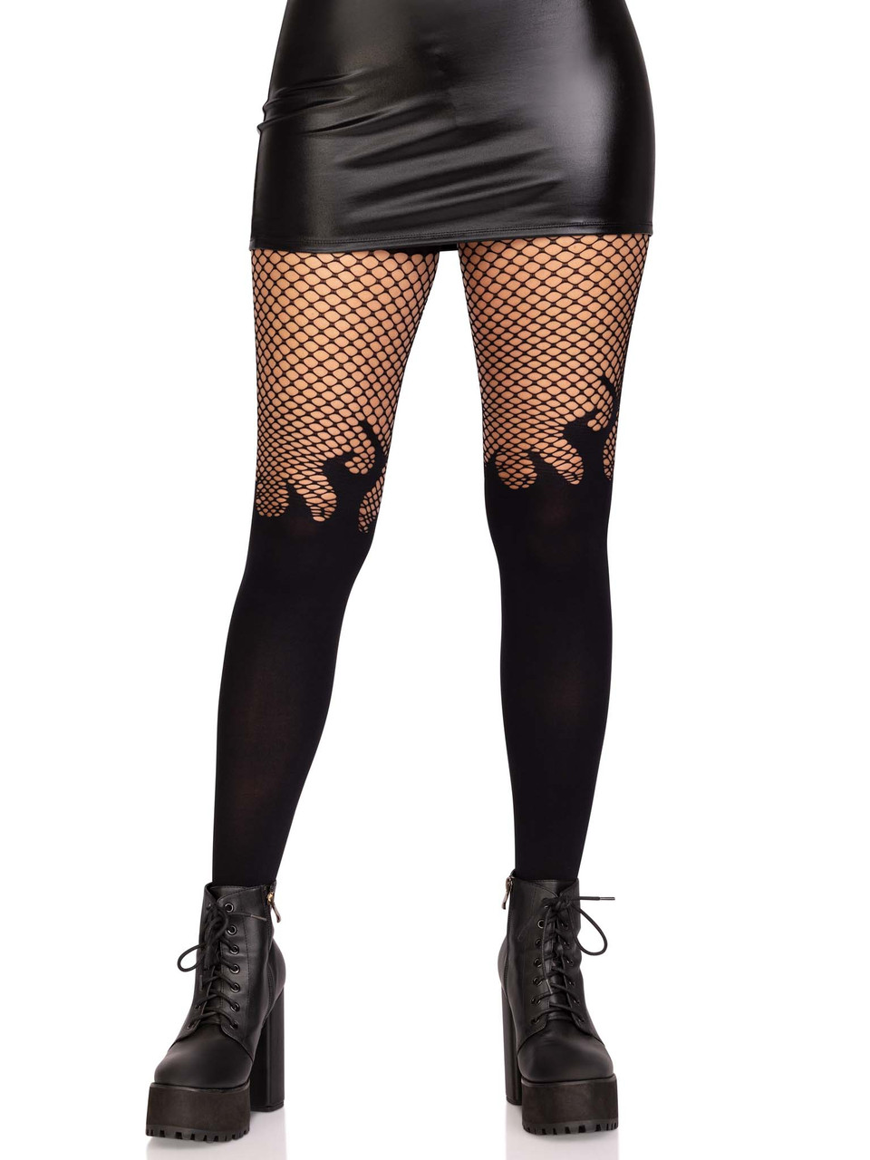 Leg Avenue Opaque Flame Tights with Fishnet Top - Black Leg Avenue Opaque Flame Tights with Fishnet Top - Black