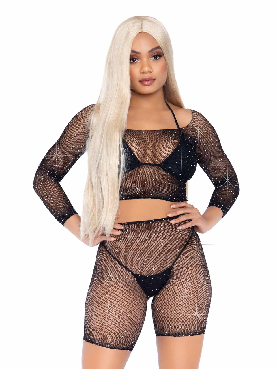 Leg Avenue 2pc Rhinestone Fishnet Crop Top & Biker Shorts - Black Leg Avenue 2pc Rhinestone Fishnet Crop Top & Biker Shorts - Black