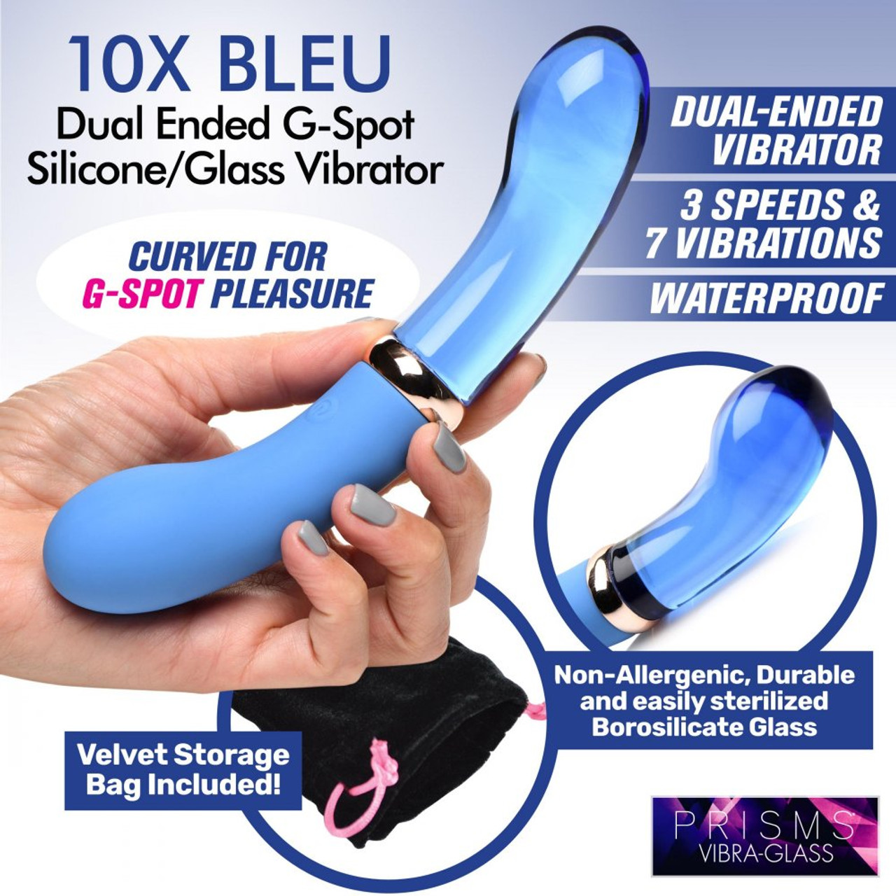 Prisms Vibra-Glass 10X Bleu Dual Ended G-Spot Silicone/Glass Vibrator
