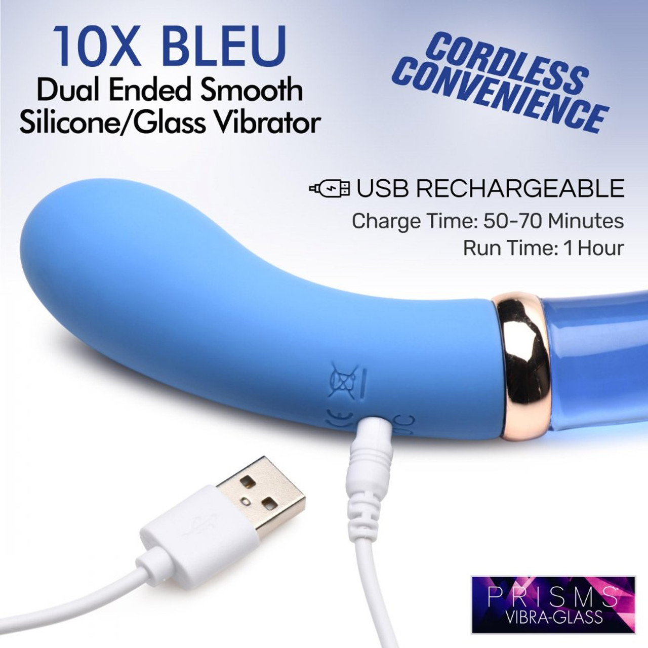 Prisms Vibra-Glass 10X Bleu Dual Ended G-Spot Silicone/Glass Vibrator