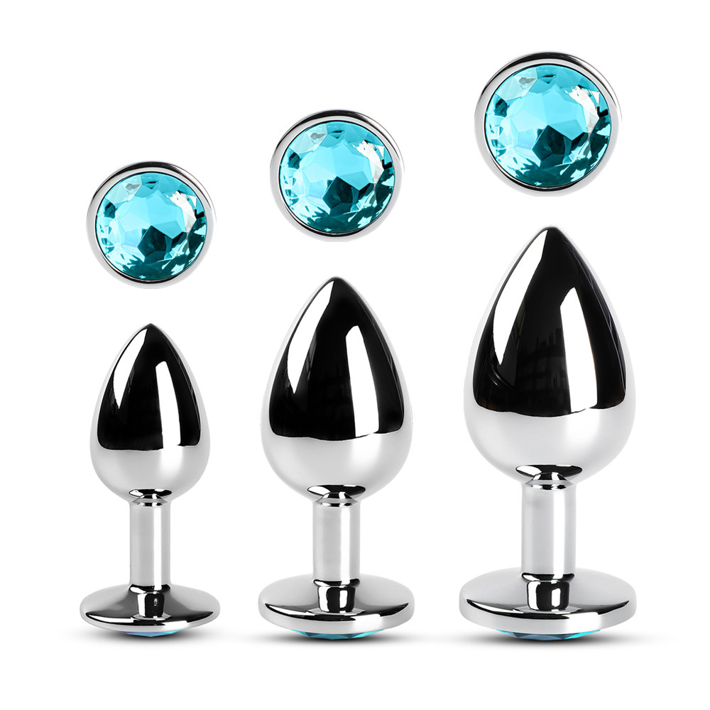Metallic Metal Anal Plug with Gemstone - Blue