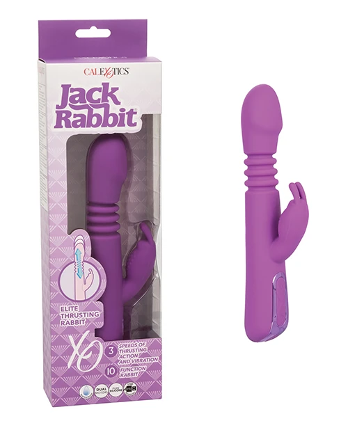 Powerful CalExotics Jack Rabbit Elite Thrusting Rabbit vibrator with independent rotating beads, deep thrusting action, and fluttering bunny ears for dual pleasure