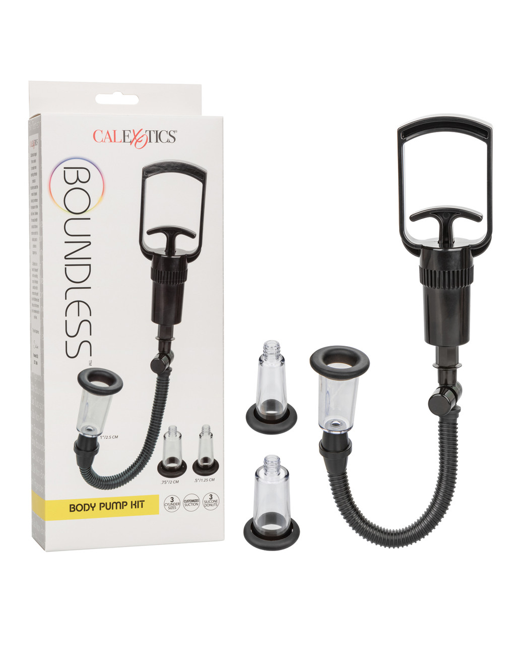 CalExotics Boundless Body Pump Kit complete set showing three clear cylinders with removable silicone donuts, black ergonomic pump handle, flexible air hose, and quick-release valve