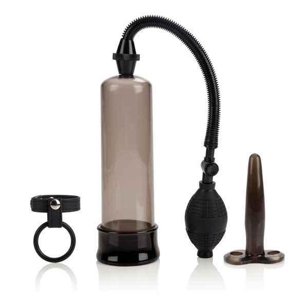Full layout of CalExotics Rock Hard Penis Pump Kit with smoked clear cylinder, soft TPE donut seal, easy-squeeze bulb, adjustable leather ball spreader cock ring, and 4.5 inch silicone anal probe arranged side by side