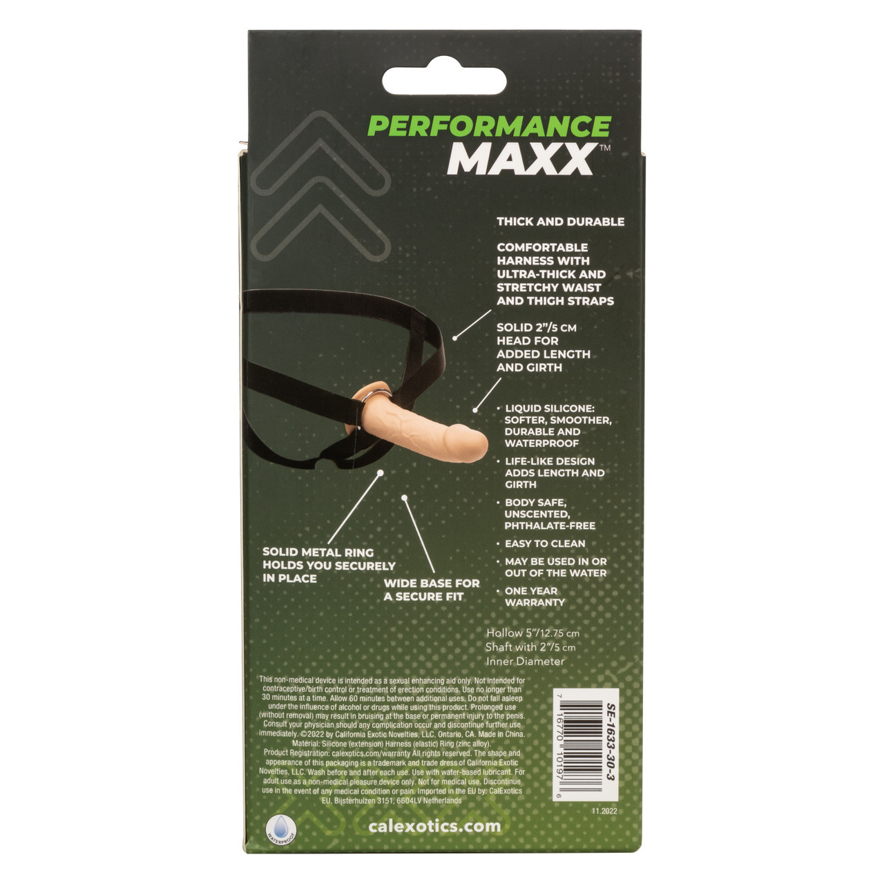 CalExotics Performance Maxx Life-Like 2 inch Extension with Harness packaging back featuring 7.25 inch total length, 2 inch added length, solid metal ring, waterproof liquid silicone details, and benefits of the realistic hollow extension