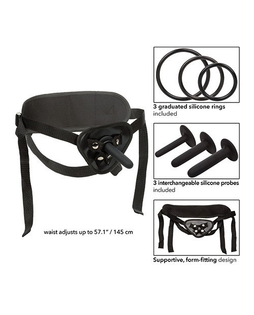 CalExotics Boundless Silicone Pegging Kit complete set with universal black harness and three graduated sizes of curved black silicone pegging probes with interchangeable support rings