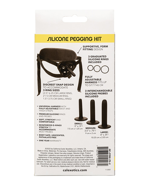 CalExotics Boundless Silicone Pegging Kit packaging back featuring fully adjustable harness with waist and thigh straps up to 57.1 inches, three graduated silicone probes, support rings, and pegging pleasure specifications
