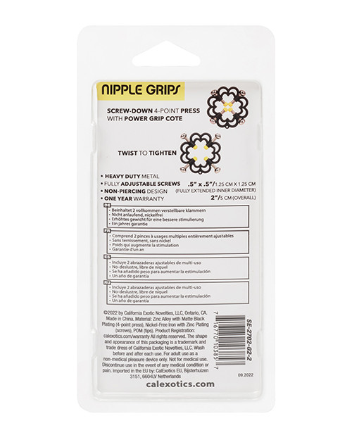CalExotics Boundless Nipple Grips packaging back featuring 4-point screw adjustment system, heavy-duty non-tarnishing nickel-free metal construction, power grip coated tips, and benefits of intense customizable nipple stimulation