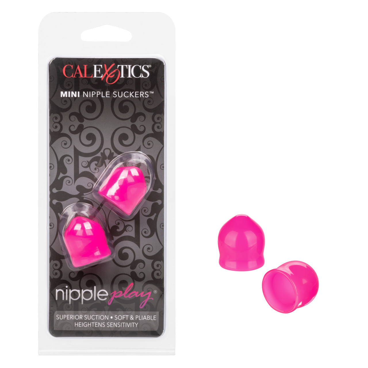 CalExotics Nipple Play Mini Nipple Suckers complete pair of pink mini squeezable suction cups with rounded bulbs and flanged bases designed for powerful vacuum nipple play