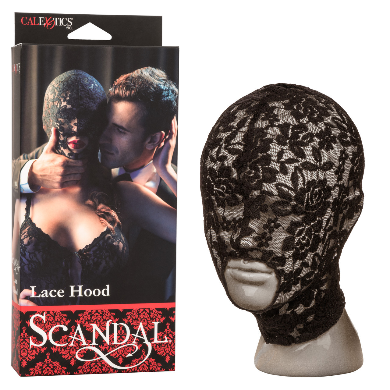 CalExotics Scandal Lace Hood in black soft sensual lace showing the full head-covering design with breathable open-mouth cutout and lightweight stretchy mesh veil for mystery and heightened arousal