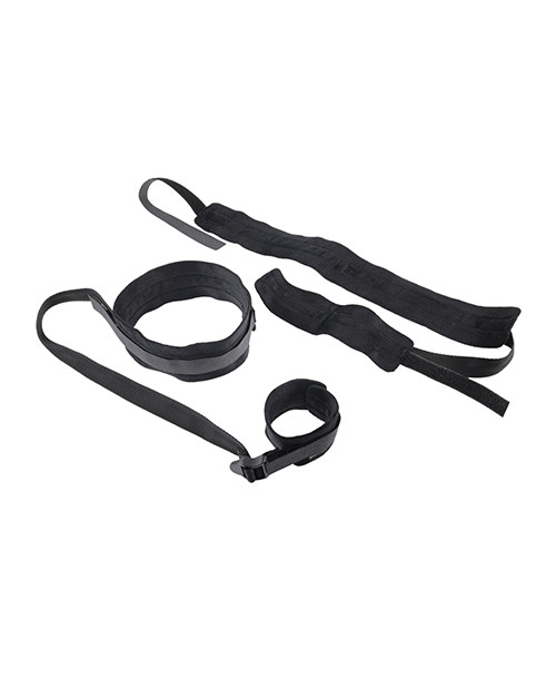 Full layout of Sex & Mischief Thigh & Wrist Cuffs with black wrist cuffs, thigh cuffs, and adjustable connecting straps arranged side by side for easy wrist-to-thigh bondage setup