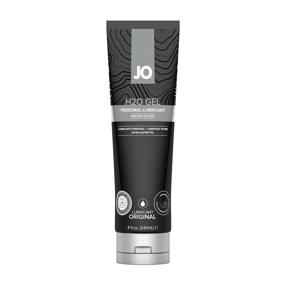 JO H2O Gel Water-Based Lubricant 8 oz bottle in clear thick plush gel formula showing the premium water-based personal lubricant designed to stay exactly where applied