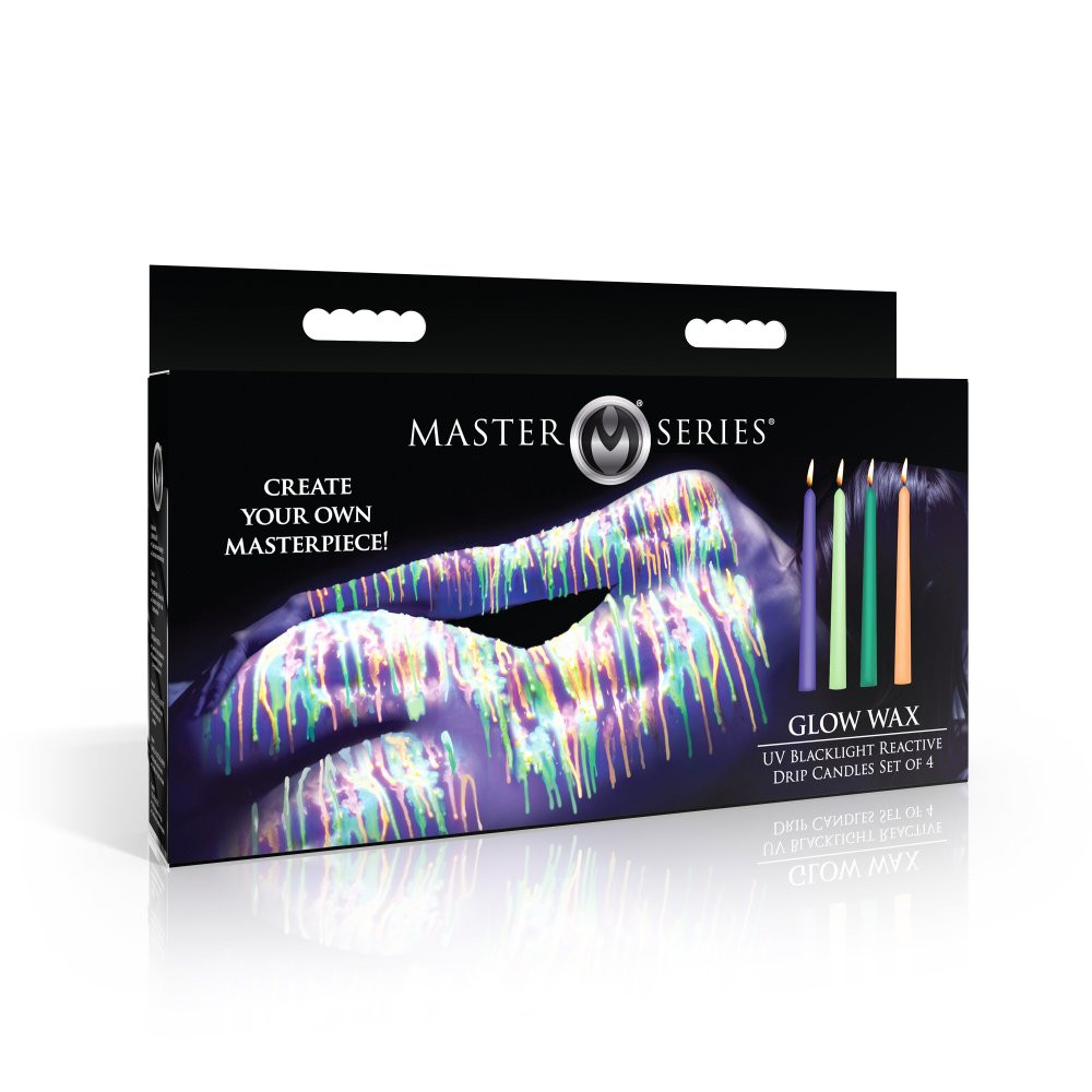Master Series Glow Wax UV Blacklight Reactive Drip Candles retail box front displaying bold branding, set of four neon orange yellow green and blue UV-reactive drip candles for blacklight wax play