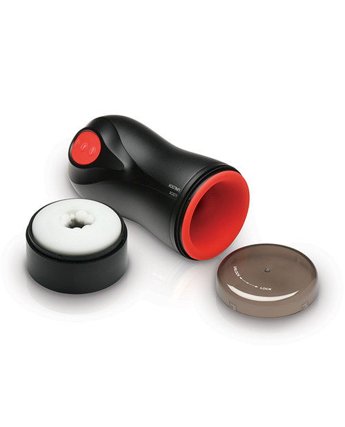 Jock Advanced Gyro Blast Triple Action Stroker shown ready for use with realistic flesh-tone TPE, gyroscopic rotating mechanism, powerful vibration, and squeezable body delivering intense triple action male masturbation