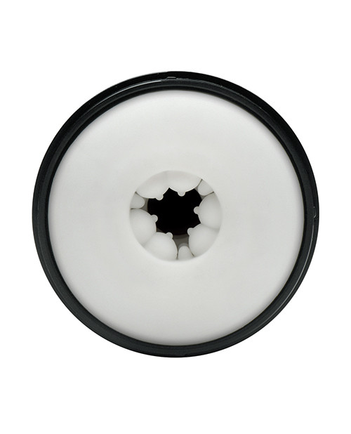 Close-up of the realistic entrance on Jock Advanced Gyro Blast Triple Action Stroker with soft TPE lips and detailed texture for lifelike oral or vaginal simulation