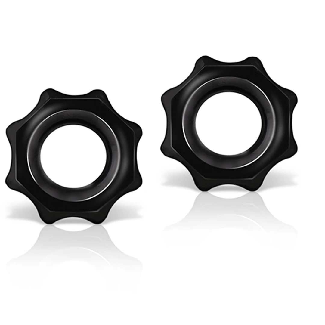 Blush Novelties Stay Hard Nutz 2-Pack Cock Rings complete set showing two soft ultra-stretchy black TPE rings designed for stacking or individual use to boost erection strength and stamina