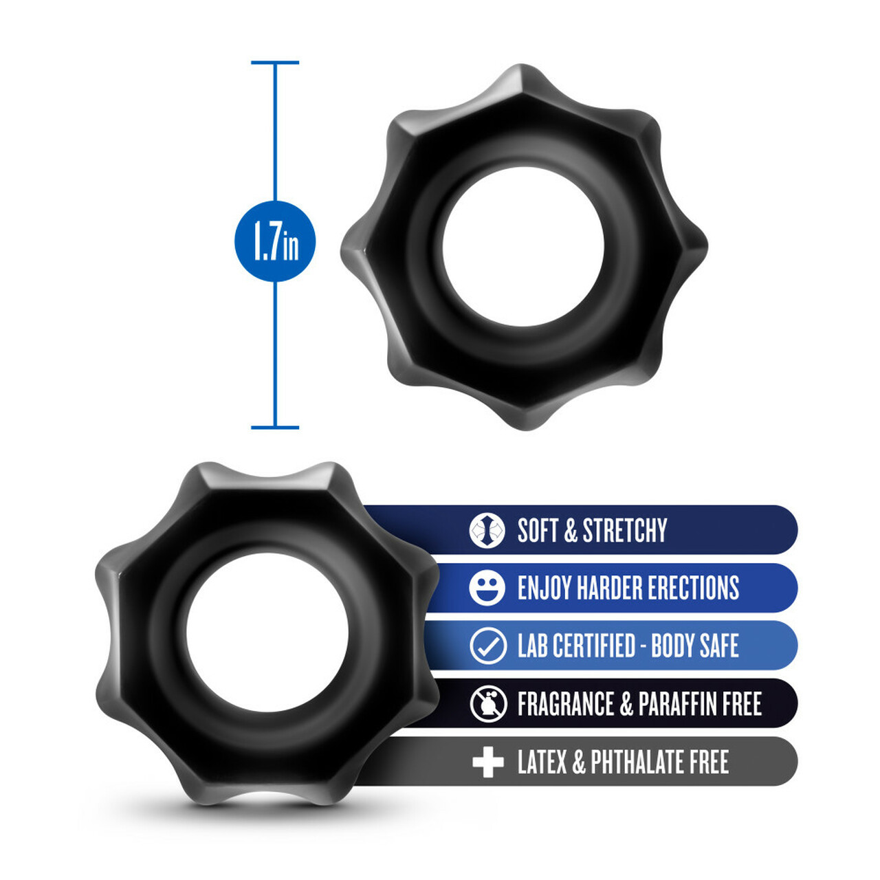 Blush Novelties Stay Hard Nutz 2-Pack Cock Rings complete set showing two soft ultra-stretchy black TPE rings designed for stacking or individual use to boost erection strength and stamina
