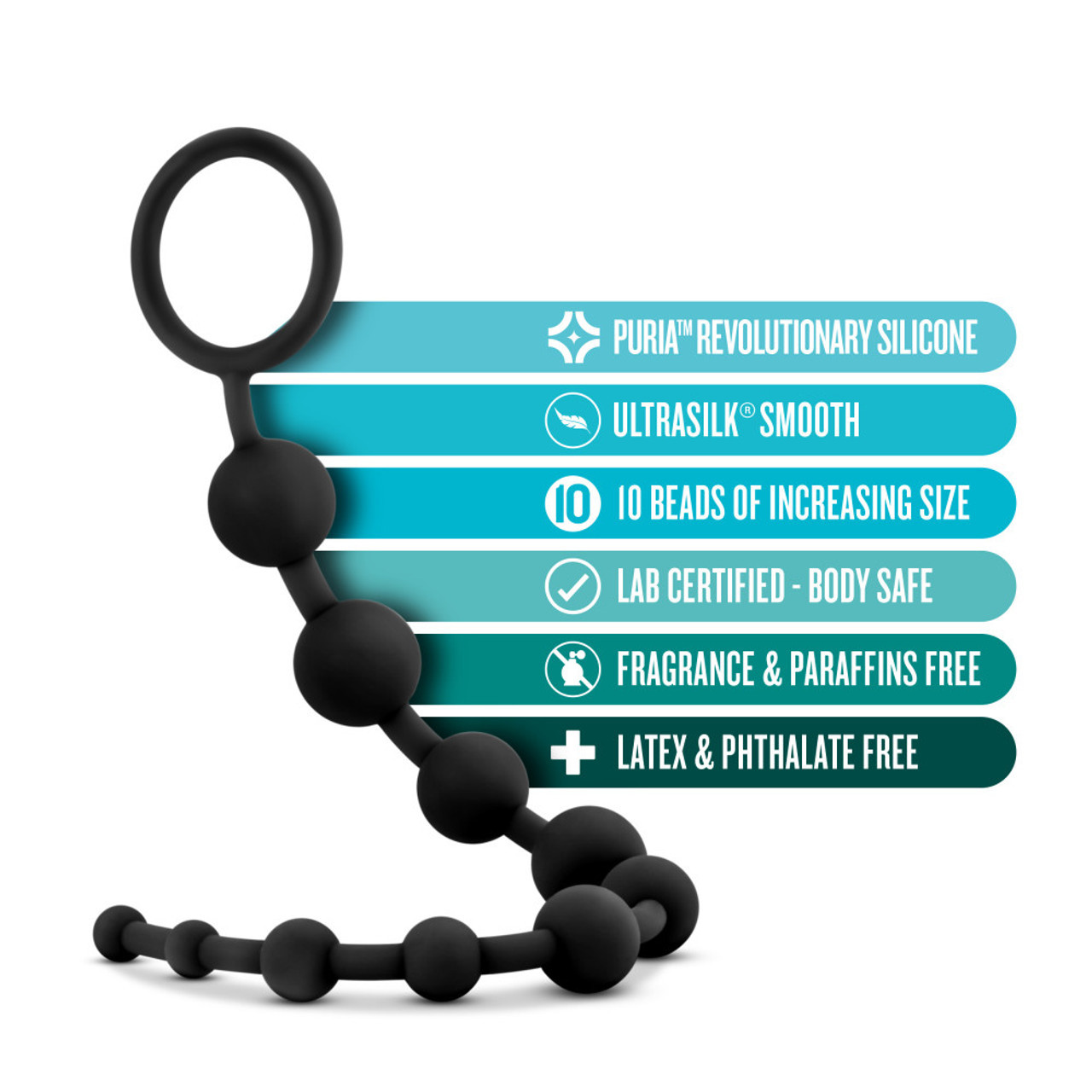 Anal Adventures Platinum Silicone Anal Beads in body-safe platinum silicone showing the full graduated beaded design with smooth tapered tip and retrieval loop for comfortable progressive insertion