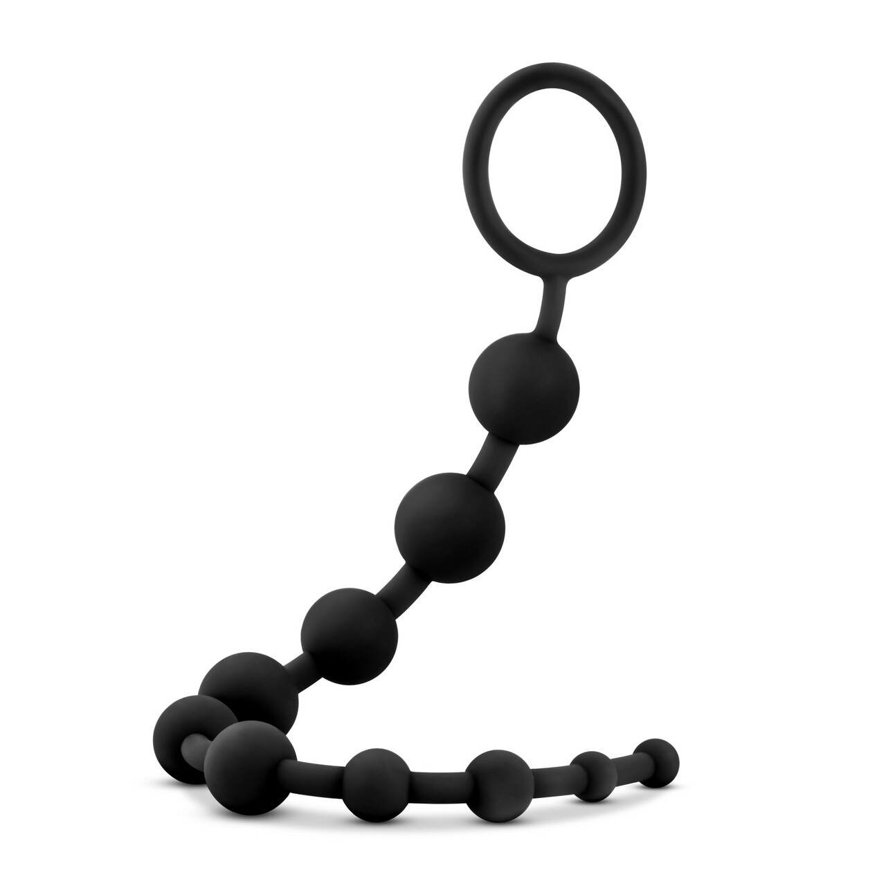 Side profile of Anal Adventures Platinum Silicone Anal Beads demonstrating the smooth tapered tip, graduated bead sizes, and flexible platinum silicone body
