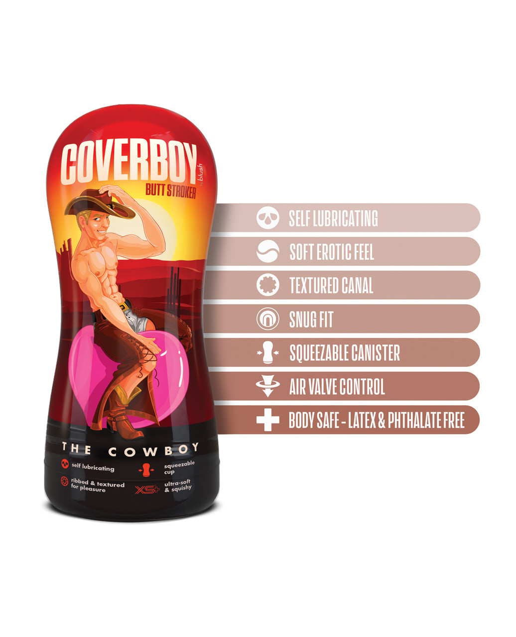 Coverboy Butt Stroker - The Cowboy in soft self-lubricating TPE showing its full realistic butt entrance, squeezable body, and PerfectFlo air valve for intense customizable suction and stroking pleasure
