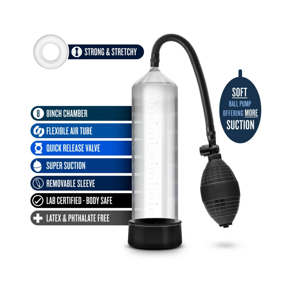 Performance VX101 Male Enhancement System complete beginner pump kit showing the 9 inch x 2.5 inch impact-resistant cylinder with etched markings, rubber ball pump, quick release valve, soft pvc sleeve, and included Stay Hard cock ring