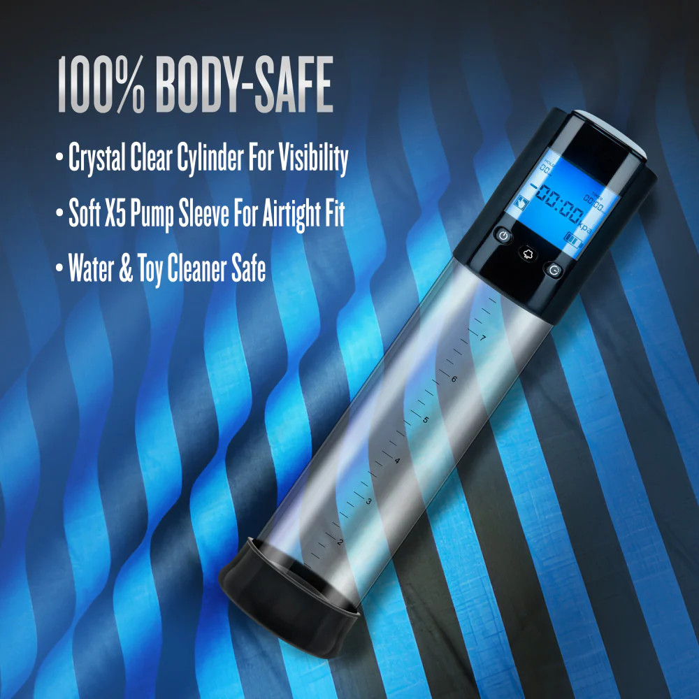 Performance VX10 Smart Penis Pump complete automatic system showing the crystal-clear 11.4 inch x 2.4 inch cylinder with etched measurement markers, digital LCD screen, and motorized one-touch controls for effortless smart pumping