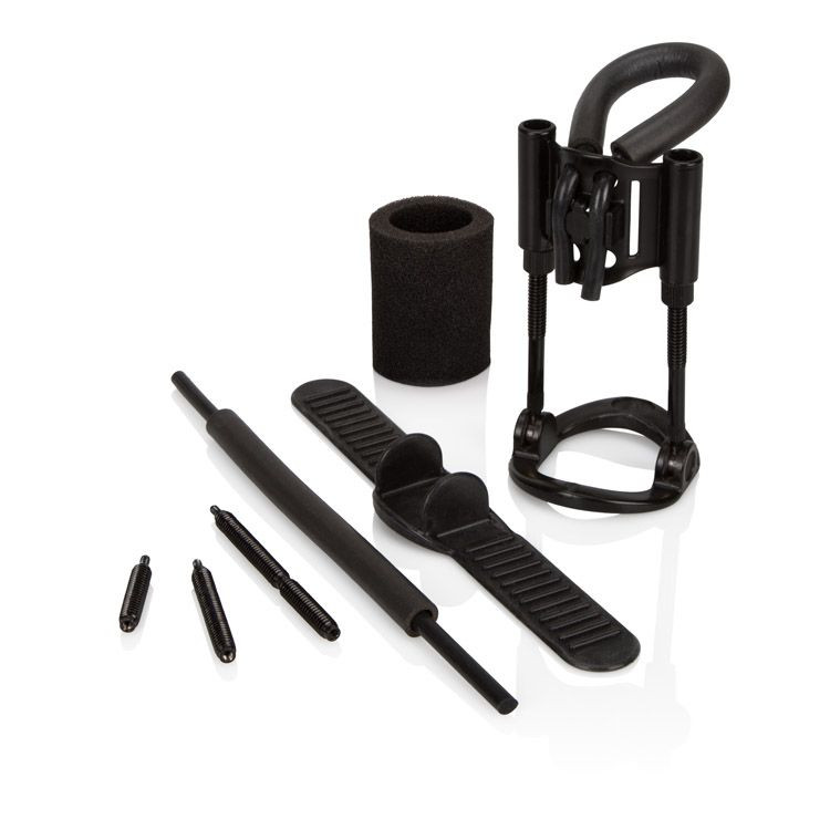 Full layout of CalExotics Penis Extender Kit displaying the stretchy silicone strap, dual silicone rods, 4 threaded extension rods, foam ring padding, and pivoting seamless base arranged for easy assembly and customization
