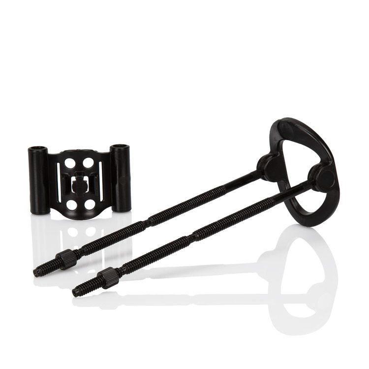 Side profile of CalExotics Penis Extender Kit demonstrating the fully adjustable design with stretchy silicone strap, dual silicone rods, foam padding, and pivoting seamless base for customizable comfort and length