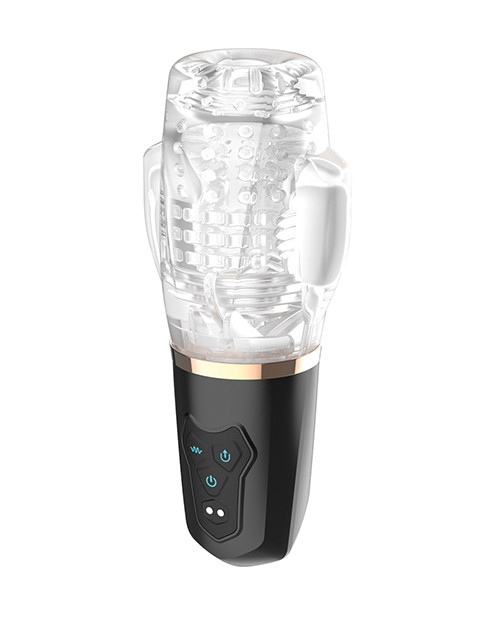 Side profile of Blowjob Sucker Oral Sex Masturbator demonstrating its ergonomic handheld shape, detachable realistic cup, and powerful dual-motor suction and vibration technology
