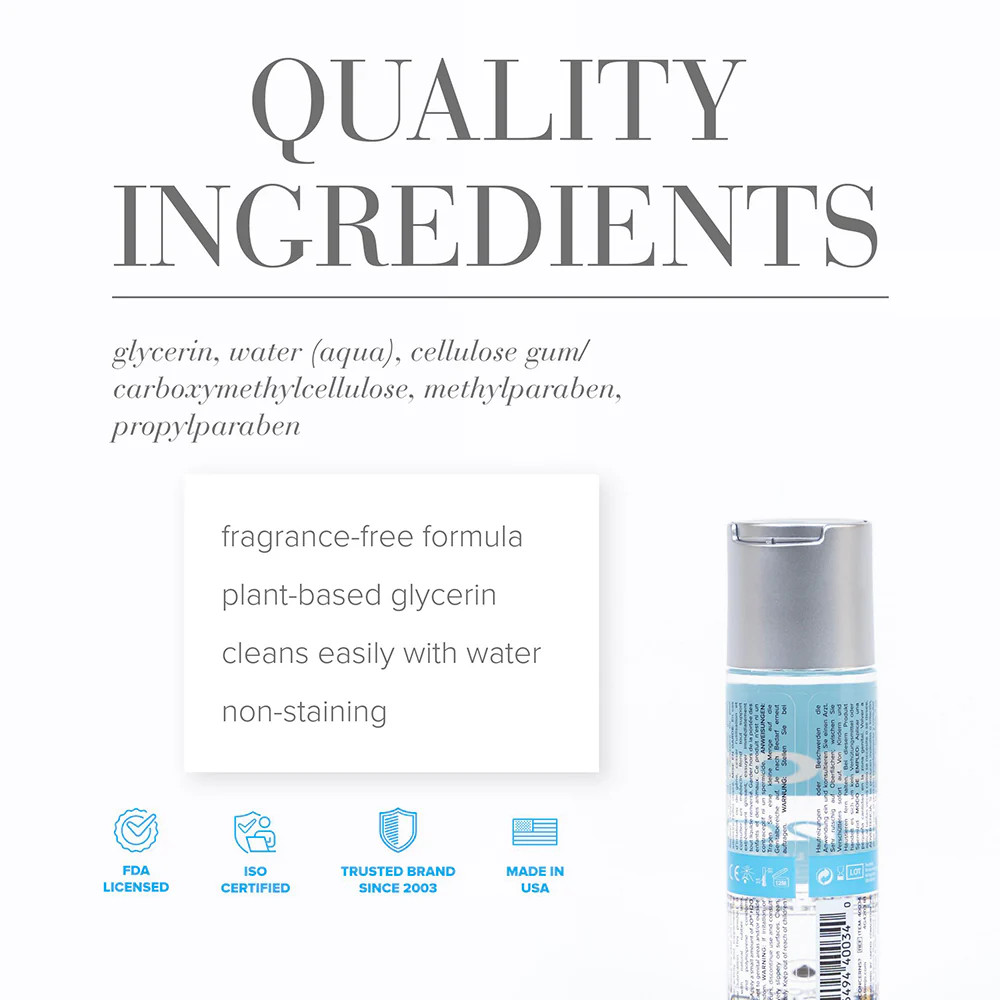 Toy friendly and condom compatible formula close-up of JO H2O Original Lubricant highlighting its body-safe, fragrance-free, plant-based glycerin composition