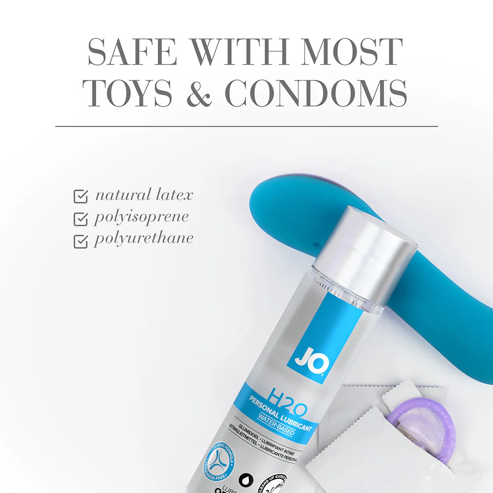 Toy friendly and condom compatible formula close-up of JO H2O Original Lubricant highlighting its body-safe, fragrance-free, plant-based glycerin composition