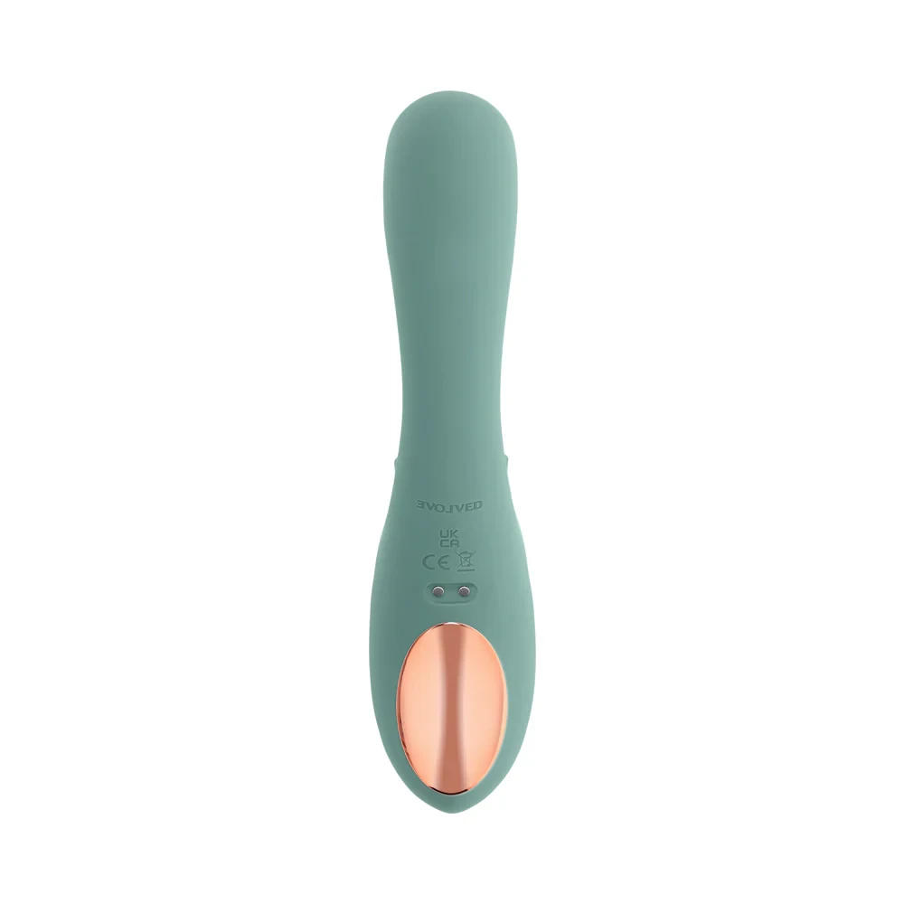 Side profile of Evolved Spiral Charm G-Spot Clitoral Vibrator demonstrating its ergonomic curved shape, spiraling clitoral ball, bulbous tip, and chunky handle for comfortable dual stimulation