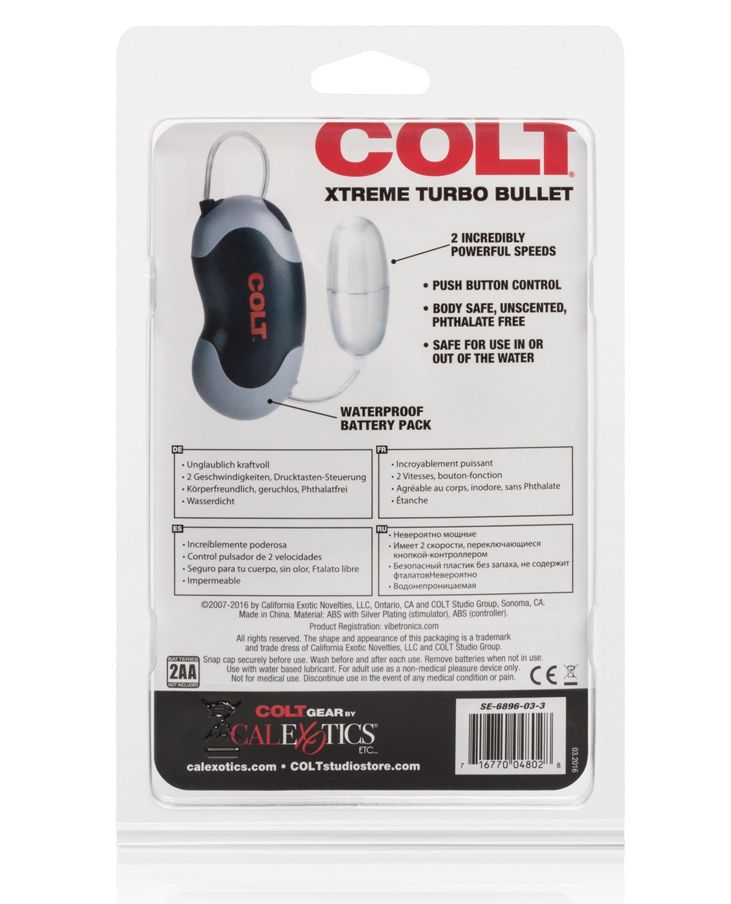 COLT Extreme Turbo Bullet packaging back featuring waterproof 2-speed push-button control, powerful multi-speed sensations, silver-plated ABS construction, and benefits of the compact versatile bullet vibrator for solo or partner play